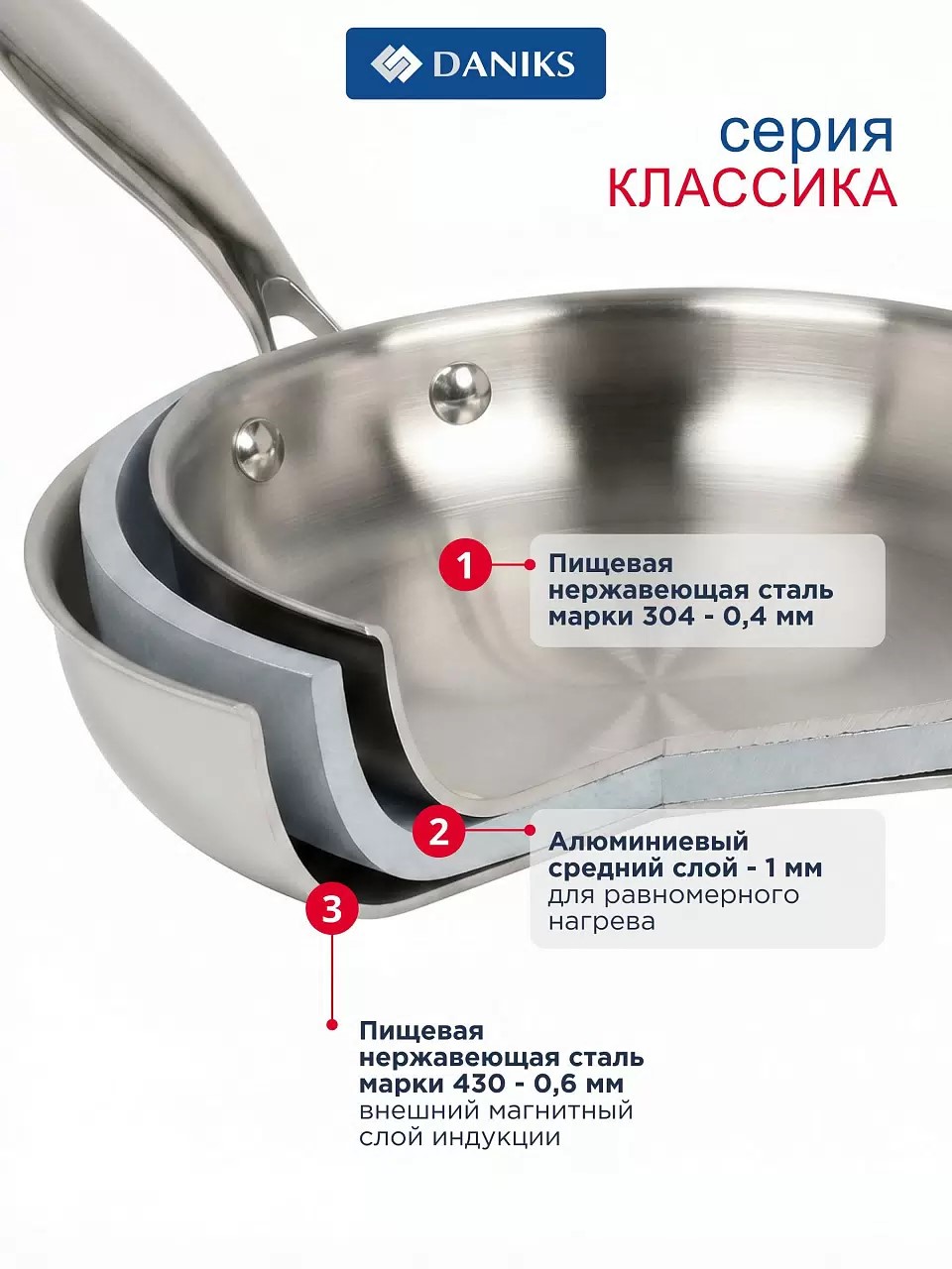 Сковорода нержавеющая сталь, 24 см, Daniks, Классика, индукция — изображение 2